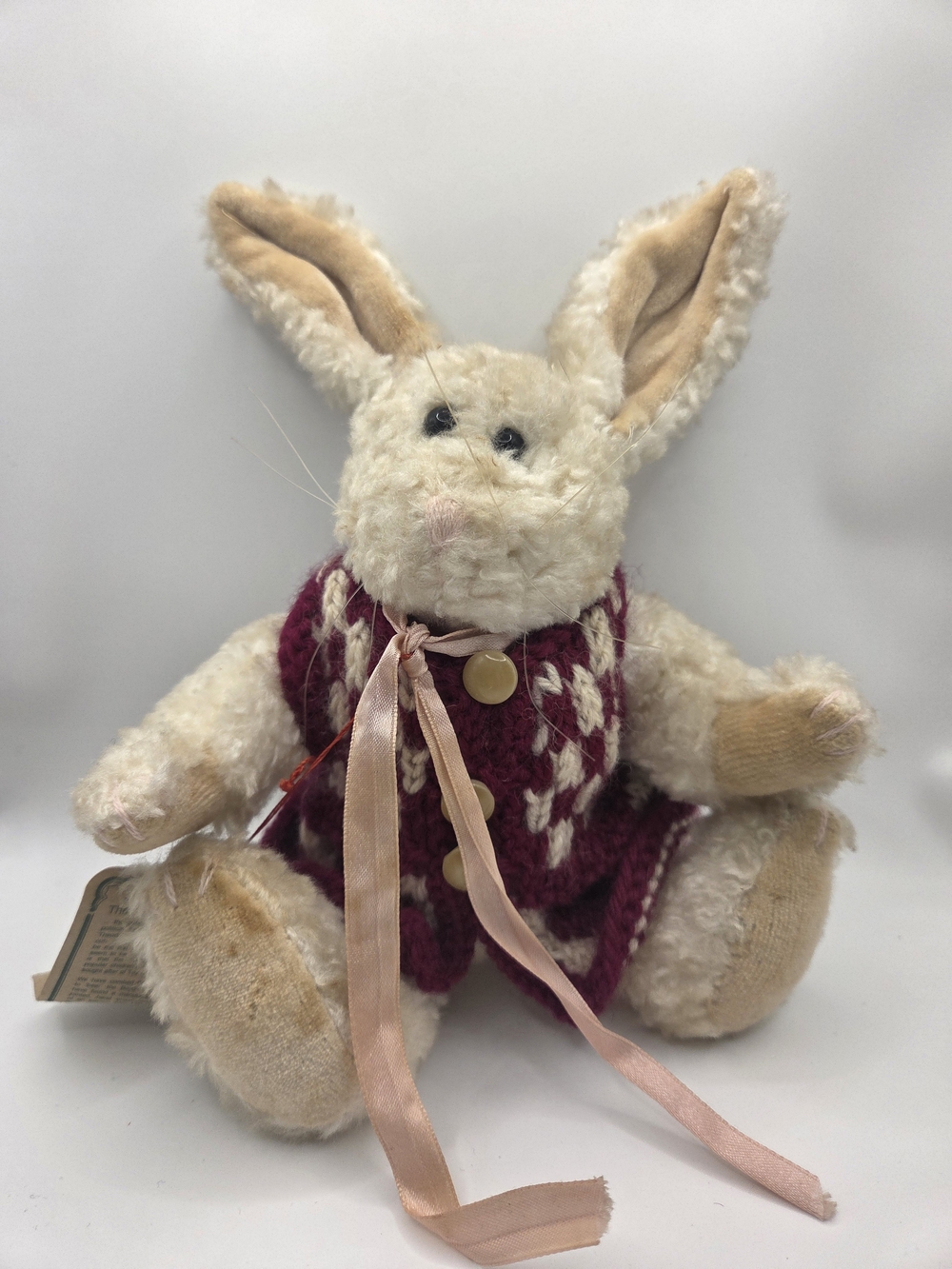 Boyds Bears Cream Plush Bunny in Burgundy Sweater with Pink Ribbon